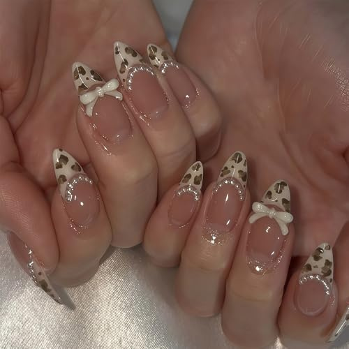 Auroriel 24 Stück Mandel Press On Nägel Leopard French Tip Perlen Schleife Design Wiederverwendbar Glänzende Acryl Vollcover Kunstnägel