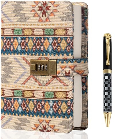 TIEFOSSI Stoff-Tagebuch mit Schloss, Liniert Tagebuch mit Schloss für Frauen und Männer, Ästhetisches Notizbuch mit Stift, Hardcover-Notizbuch zum Tagebuchschreiben und Planen