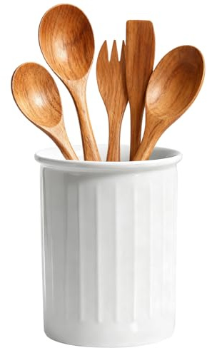 DRERIO Kitchen Utensil Holder Ceramic for Countertop, Kitchen Utensil Organizer Cutlery Holder, White Relief Utensil Pot Utensil Crock jar for Counter Storage, Glossy Glaze