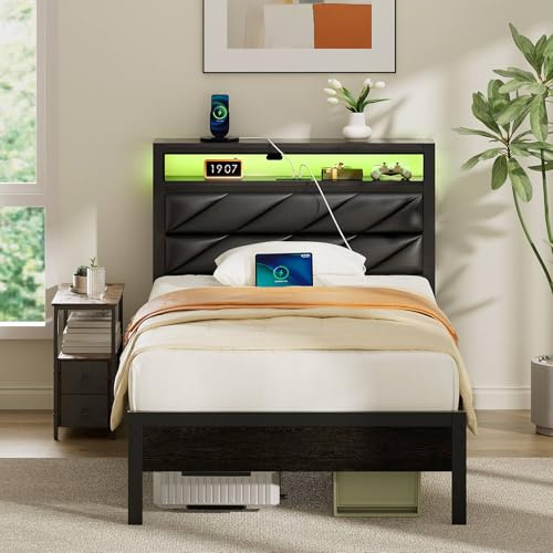 Rolanstar Bett 90x200cm mit LED Beleuchtung, Metallbett mit Gepolstertem Kopfteil & Stauraum, Bettgestell 90x200 Einzelbett mit Ladestation, Bettrahmen mit Lattenrost für Kinderzimmer, Jugendzimmer
