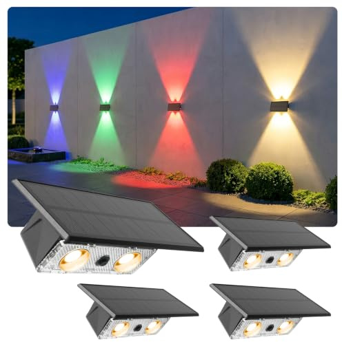 Auting Solar Wandleuchte Außen Up and Down, 4 LEDs RGB und Warmweiß Solarleuchte, IP65 Wasserdichte Kabellose Wandlampe für Garten, Hauswand, Veranda, Treppen Modernes Design [Energieklasse A]