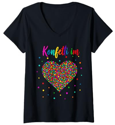 Damen Konfetti im Herzen Karneval Fasching T-Shirt mit V-Ausschnitt