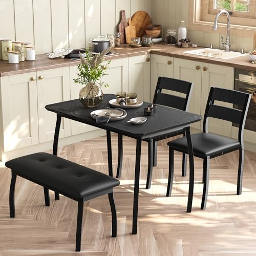 GarveeMore 4-Teiliges Küchentisch-Set, Esstisch Mit Gepolsterten Banken Und 2 Stühlen Für Kleine Räume, Platzsparende Essgruppe Für Esszimmer, Küche, Wohnzimmer