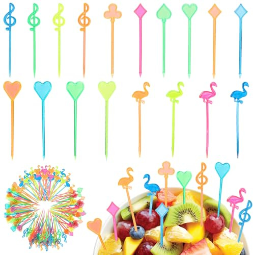 Shyllin 200 Tenedores de Frutas para Niños, Palillos De Dientes con Notas Musicales, Póquer, Corazones, Flamencos, Palillos para Aperitivos Reutilizables para Bento, Decoración de Postres