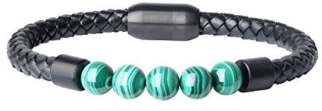 COAI Geschenkideen Glücksarmband aus Malachit und Lederarmband mit Magnetverschluss aus Edelstahl für Herren