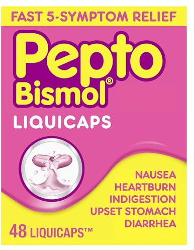Pepto Bismol Liquicaps, Upset Stomach Relief, Nausea Relief, Heartburn Relief, Indigestion Relief, Anti Diarrhea Medication for Adults - 5 Symptom Fast Relief, No Flavor, 48 ct
