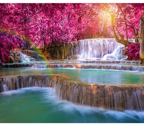 decomonkey - Papier Peint Panoramique Cascade Chute d'eau 350x256 cm - Décoration murale – Tapisserie décorative pour chambre salon - Arbres pierre coloré forêt nature paysage rivière eau cascade