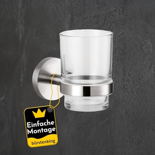 Bürstenking Zahnbürstenhalter mit Zahnputzbecher, stilvolle Halterung für Zahnputzbecher & Zahnpasta, Edelstahl matt gebürstet, einfache Wandmontage, Zahnbürstenhalter mit Becher, Teil der Serie 190