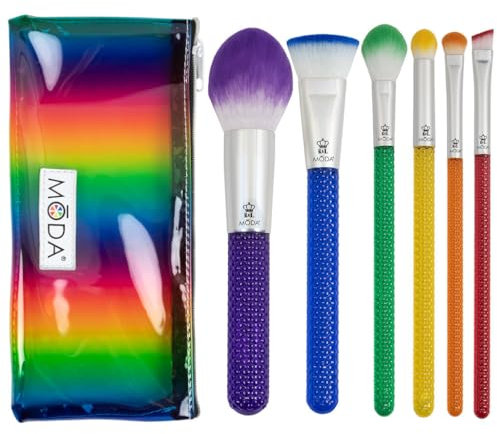MODA Full Size Rainbow 7pc Makeup Brush Set with Pouch, Includes - Powder, Precision Contour, Highlighter, Super Crease, Small Shader and Brow Designer Brushes, Multicolor