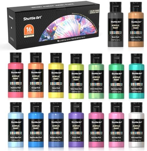 Shuttle Art Acrylfarben Set, 16 Chamäleonfarben in Flaschen (je 60ml), Acrylfarben mit Perlglanz, für Leinwand, Glas, Steine, Nägel, Wände, Tontöpfe, Keramik, Holz geeignet