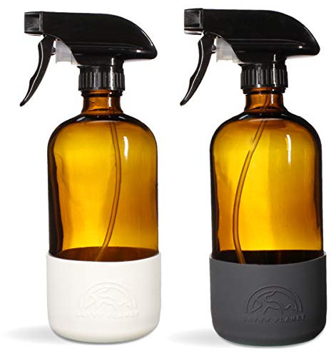 SAVVY PLANET Empty Amber Glass Spray Bottles with Silicone Sleeve Protection - Refillable 16 oz Containers for Cleaning Products, Essential Oils, Misting Plants - Quality Sprayer - 2 Pack