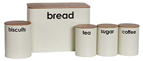 5pc Kitchen Storage Set with Airtight Bamboo Lids Includes Tea Coffee Sugar with Matching Biscuit Barrel Canister Jar & Bread Bin by Crystals® (Cream)
