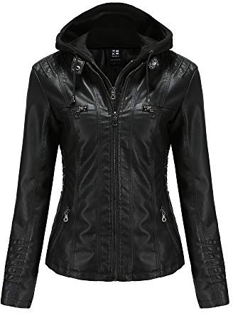 GITVIENAR Damen Lederjacke Kapuze Kunstleder Motorradjacke Bikerjacke Ladies Oberbekleidung mit Reißverschluss und Tasche (Schwarz, M)
