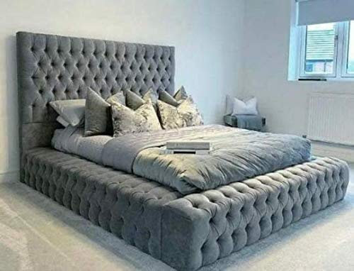Beds & Co Velvet Upholstered Regal Ambassador Bed Frame and Headboard - Single/Double/Kingsize/Superking - Hand Made in the UK (Plush Grey, Double - 4FT 6INCHES)
