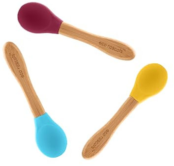 eco rascals 3 x Löffel aus natürlichem Bambus und Silikon | weich zum Zahnfleisch | BPA-frei | abnehmbar für einfache Reinigung | ergonomisch geformt als erstes Besteck | Lila, Marineblau, Grün (Blau,