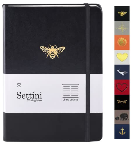 SETTINI Tagebücher zum Schreiben – Schwarzes Bienentagebuch – Schreibtagebuch für Frauen oder Männer – Bienen-Notizbuch – Kunstleder, elastisch, Lesezeichen, flach liegend – tolles Geschenk für Frauen