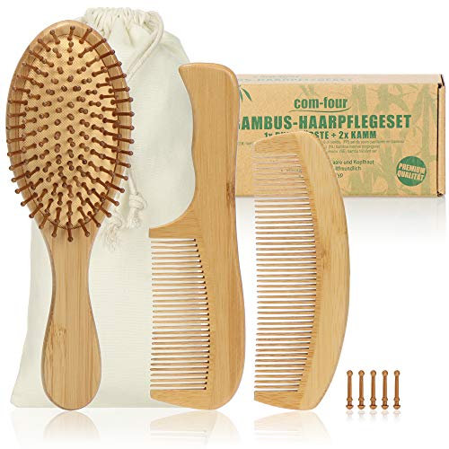 com-four® 3-teiliges Premium Haarpflegeset, Allzweck-Bürste und Zwei Stylingkämme aus Bambusholz, Bambus-Haarbürste und Frisierkamm für jeden Haartyp (3-teilig Kämme + Bürste)