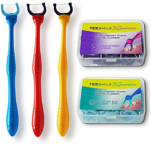 TEEsmile Evolutionary Clean Zahnseidenhalter,Aufsteckköpfe - Halter - Set (3 langer Halter, +50 gespannte Doppelseide-Aufsteckköpfe + 50 Extra-Reiẞfest-Aufsteckköpfe)