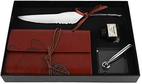 Kuuleyn Retro Notebook, Retro Fountain Pen, Luxury Fountain Pen, Retro Leather Notebook with Fountain Pen Feather Dip Pen Ink Bottle Set Stationery Gift Box for Gift Friend(White)