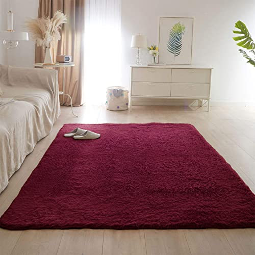 CHBIN Hochflor 180x200cm Hochflor Teppich Langflor Teppiche Plüsch Teppich Faux Lammfell Flauschig für Wohnzimmer Kinderzimmer Schlafzimmer Flur Läufer, Weinrot