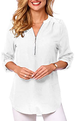 Tuopuda Chemisier pour Femme avec Col en V Chemises Chic Elégant T-Shirt à Manches Longues Blouses Blanche 3/4 Tunique Manches enroulables Hauts Décontractés, Blanc, L