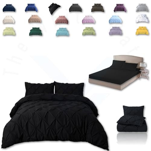 TheWhiteWater Duvet Set - 2/3 in 1 Bedding Set - Duvet Cover + Matching Pillowcases + Fitted Bed Sheets - NPolycotton Pintuck Cover (Black, 3 in 1 Bedding Set - Super King)