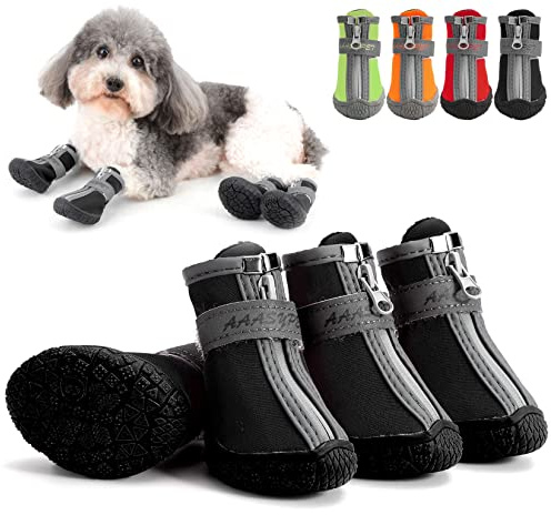Zunea Pfotenschutz Hundestiefel für Kleine Hunde Wasserdicht rutschfest Welpenschuhe Verstellbar Reflektierend Haustierstiefel Weiche Chihuahua Pfotenschütz Schuhe für Spazierengehen Schwarz 3#