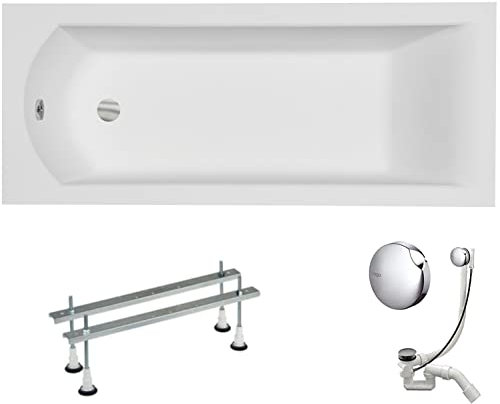 VBChome Baignoire en acrylique - 160 x 70 cm - Blanc - Rectangulaire - Pieds de baignoire - Design moderne - Bonde d'écoulement chromée