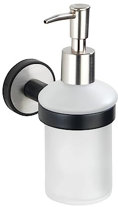 WENKO UV-Loc® Seifenspender Udine, nachfüllbar, 200 ml Spender aus satiniertem Glas, gebürstetem & schwarz matt lackiertem Edelstahl zur stressfreien Befestigung ohne zu Bohren mit UV-Loc® Klebesystem