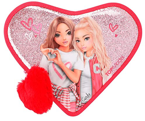 Depesche 12260 TOPModel One Love-Gefüllte Herz-Federtasche in Rot mit Model-Motiv und Glitzer, Federmäppchen mit Buntstiften, Schere, Lineal UVM, Pink