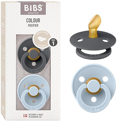 BIBS Colour Anatomical Schnuller 2er Pack, BPA-frei Dummy-Schnuller, Kiefergerechte Form. Naturkautschuk/Latex, Hergestellt in Dänemark. 0-6 Monate (2er Pack), Iron/Baby Blue