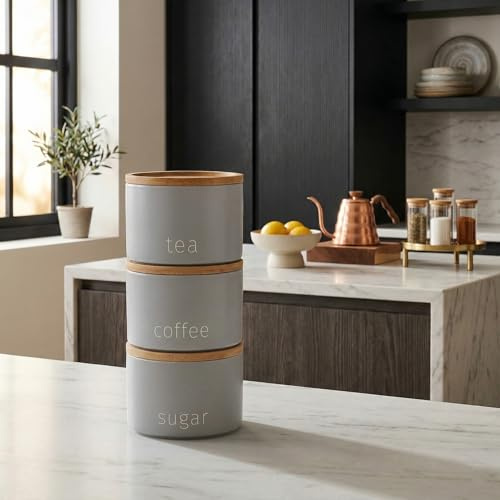 Biznest Stackable Tea Coffee Sugar Storage Jars 3Pk Round Food Canisters Ceramic Great Storing Beans Matte Finish And Wooden Airtight Lids Storage Jars (Grey 177)