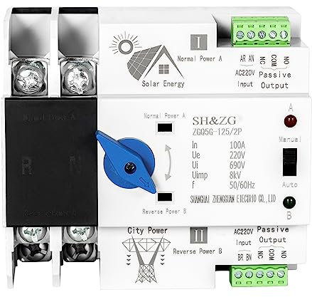 DEWIN Automatischer Transferschalter,2P 100A 220V Balkonkraftwerk PV Automatischer Transferschalter Dual Power Automatischer Umschalter Photovoltaik-Unterbrechungsfreier Elektrischer Netzschalter