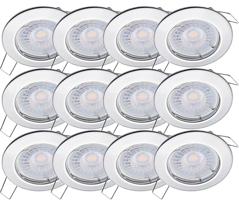 Oktaplex 12x Sedan LED Einbauleuchten 230V 3 Stufen dimmbar 3000K Warmweiß | 22mm Einbautiefe, Lochmaß 60mm, 4,8W, 380lm, 110° Einbauleuchte Sedan, Chrom flach