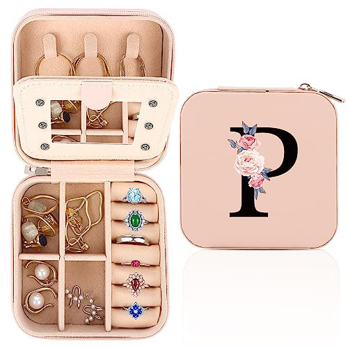 WALLFID Travel Jewellery Box,Alphabet Jewellery Organiser,Portable Jewellery Box,Small Travel Jewellery Storage Case with Mirror,Birthday Gift for Women,Mothers Birthday Valentines Day Gift Ideal(P)