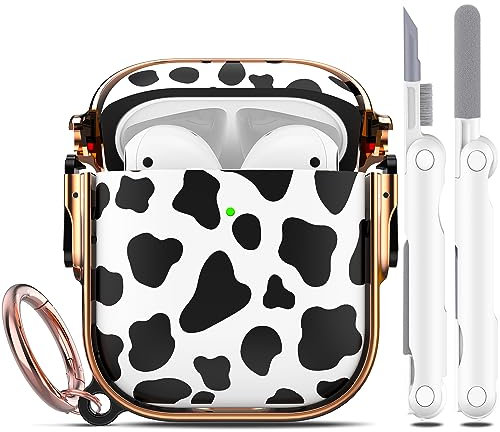 R-fun Kompatibel mit AirPods Hülle mit Sicherheitsschloss mit Reinigungsset, Blumendruck für AirPods 1./2. Generation Hülle für Damen Herren mit Schlüsselanhänger,Kuhmuster