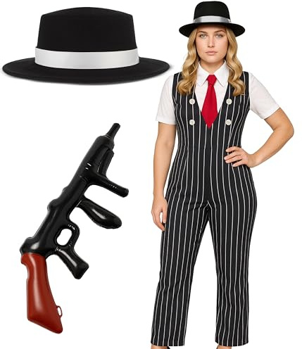 Mega_Jumble Women's 1920's Gangster Mobster Mafia Fancy Dress Costume | Ladies Gangster Girl Pinstripe Jumpsuit, Hat & Inflatable Tommy Gun