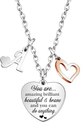 KENYG Necklace Gift for Boys Girls Heart Shape Pendant Necklaces With 26 Initial Letters,Inspirational Necklace for Daughter Niece Sistes Best Friends (A)