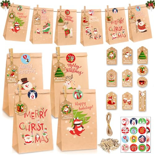 Phantasy® Adventskalender zum Befüllen, 24 Weihnachtskalender Geschenk Papiertüten DIY Advents Kraftpapiertüten Selbstbefüllen zum selbst füllen, 2023 Tüten Adventskalender Säckchen Weihnachtsdeko-16