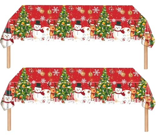 ATBEAMEN 2 pièces Nappe de fête de Noël pour décoration de table de Noël, nappe jetable rouge avec motif d'élan et bonhomme de neige pour fête, couverture de table de fête, nappe de table pour décor