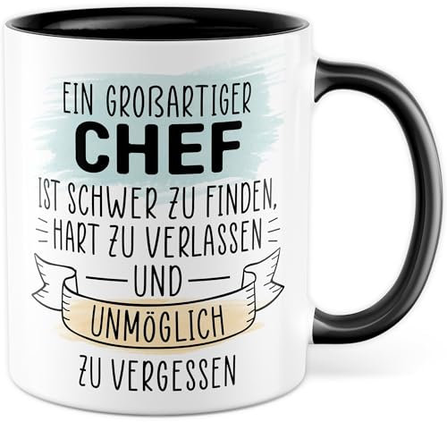 Chef Tasse mit Spruch - Geschenk Ein großartiger Chef ist unmöglich zu vergessen - Kaffeetasse 330ml aus Keramik - Rente Mitarbeiter Geschenkidee Ruhestand Abschiedsgeschenk Bürotasse (Weiß/Schwarz)