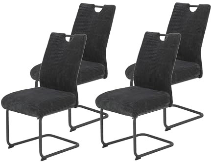 Hela Tische, 4er Set Esszimmerstuhl Merkur, Bezug Breitcord Anthrazit, Komfortsitz Federkorb, XL Sitzbreite, 140kg belastbar, Schwinger Metallgestell