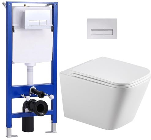 Hänge WC Toiletten Vorwandelement WC Set Komplett, Toilette mit Unterputz Spülkasten, Glänzende Chromfarbe WC Drückerplatte Betätigungsplatte, Wand WC mit Soft-Close Absenkautomatik UF Deckel