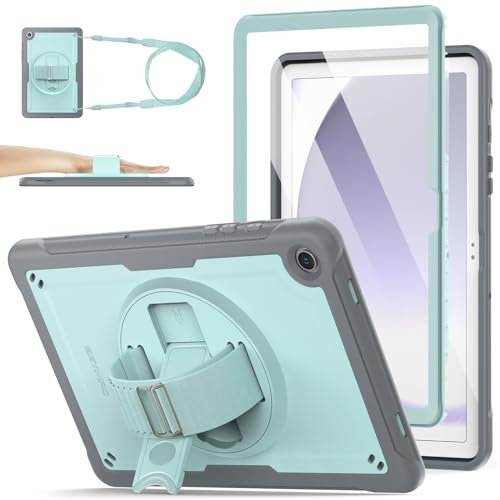 SEYMAC stock Case for Samsung Galaxy Tab A9 Plus/ A9+ Case 11 inch 2023, Frosting-Anti-Slip, Shockproof Cover with Screen Protector, 360° Rotating Hand Strap/Stand & Shoulder Strap, Skyblue/Gray
