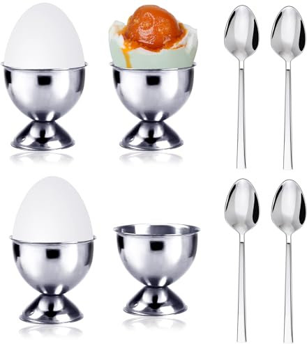 bssmmai Huevera de Acero Inoxidable para Huevos cocidos, Juego de 8 con 4 hueveras y 4 cucharas para Huevos, Bandeja para Huevos, Soporte para Huevos para Cualquier Mesa de desay