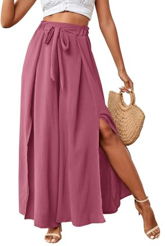 LYANER Pantalon plissé à nouer sur le devant pour femme - Taille haute - Fente latérale - Jambe large - Avec ceinture, rose, XX-Large