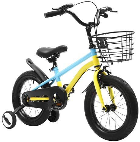 Donened - 14 Zoll Kinderfahrrad für 3-5 Jahre Mädchen & Jungen, Kinderfahrrad mit Stützrädern und Körben, Tragfähigkeit 50kg, für Wiesen, Bergstraßen, Sandige Gebiete, Autobahnen, etc.