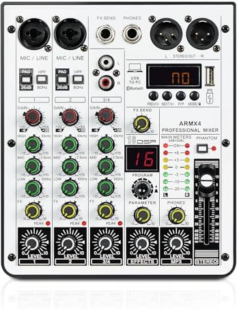 DJ Controller 4-Channel Audio Mixer, DJ Mixer with USB Audio Interface, Function, 16 DSP Effects, and 3-Band EQ (ARMX-4) DJ starter kit