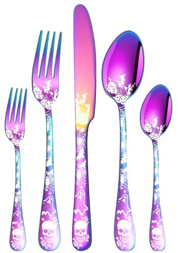 XIAOYU 5 Piece Halloween Themed Skeleton Silverware Set, Skull Gothic Cutlery Set Includes Knife Fork and Spoon, Stainless Steel Flatware Tableware for Halloween Easter and Christmas, Rainbow