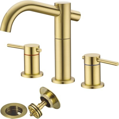 HOMYEP Gebürstete Gold Badezimmer Wasserhahn 3 Loch 2 Griff 8 Zoll weit verbreitet Badezimmer Waschbecken Wasserhahn mit Überlauf Ablaufablauf Messing Wasserhahn für Badezimmer Waschbecken